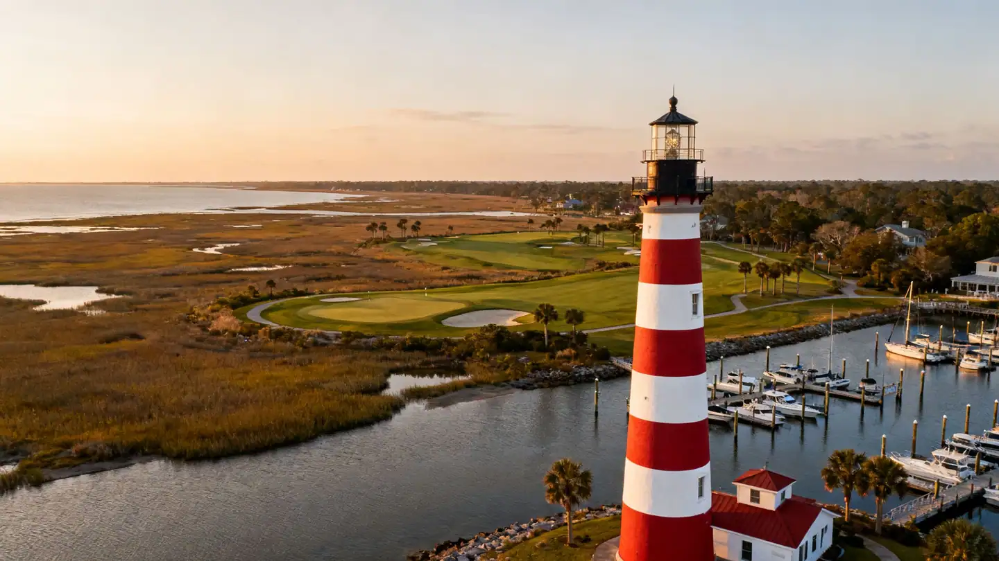 Hilton Head Island: a red-and-white striped lighthouse by a marina
