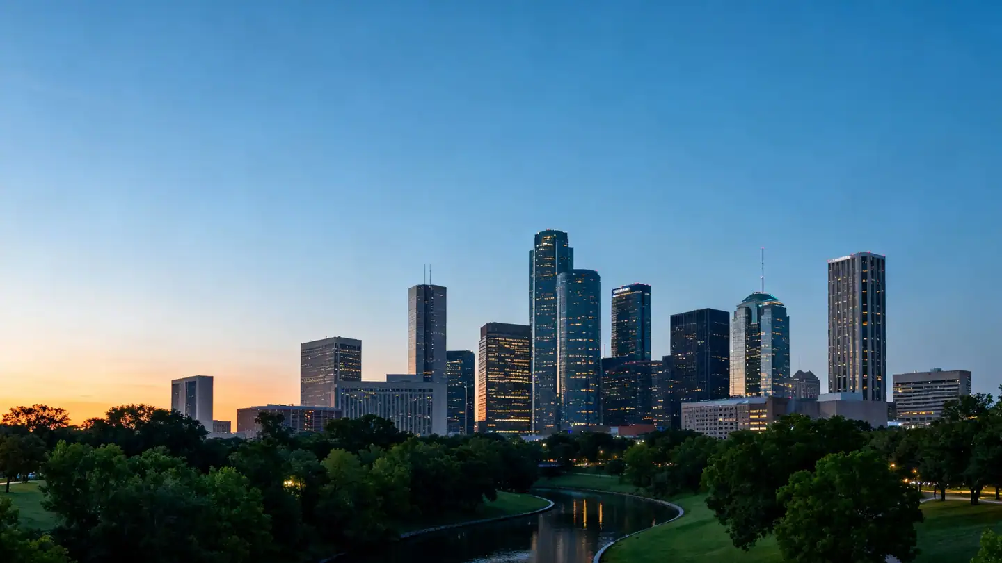The downtown Houston skyline seen across Buffalo Bayou park at dusk