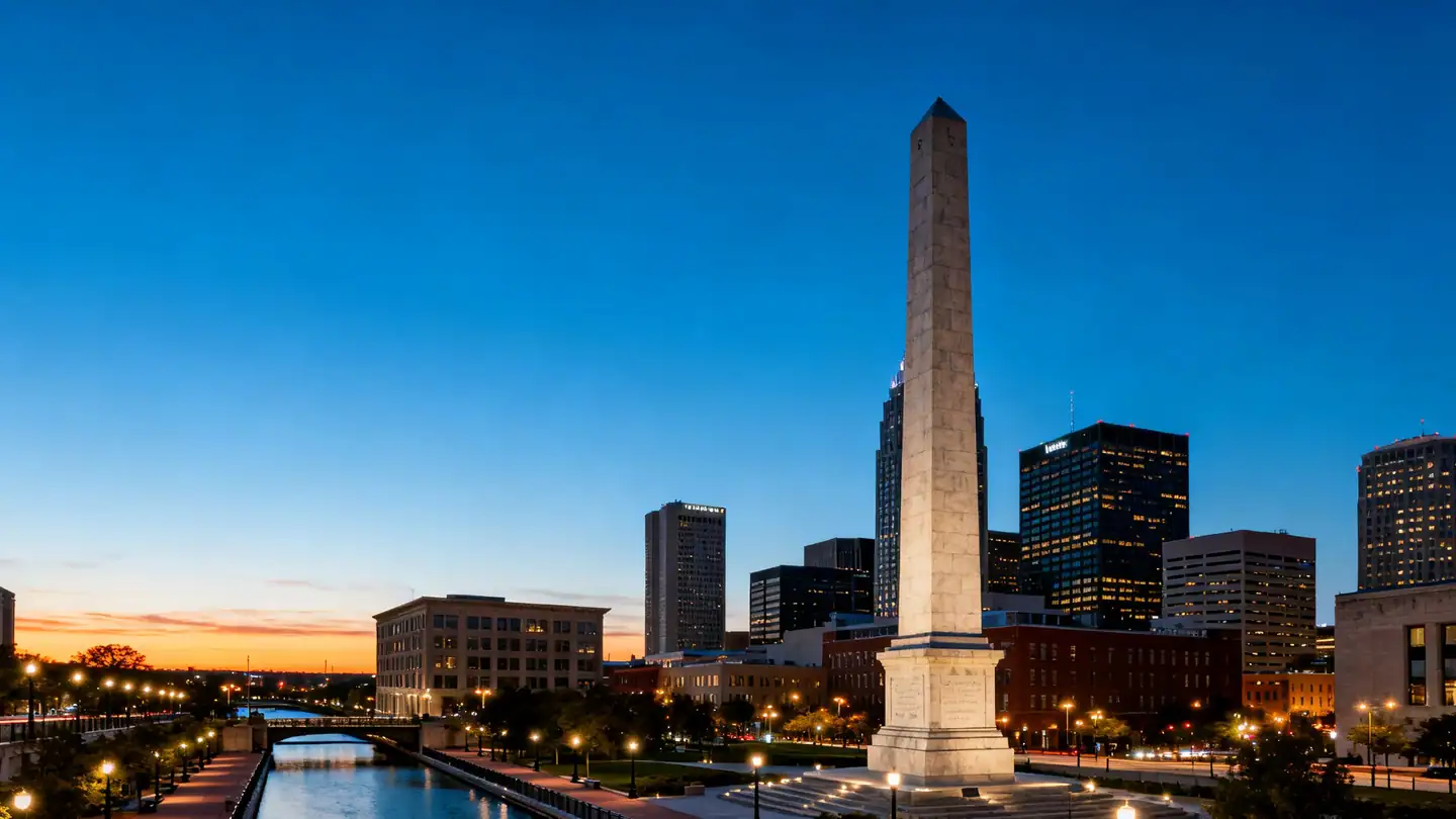 Downtown Indianapolis with its canal walk and a tall stone monument in the city center at dusk