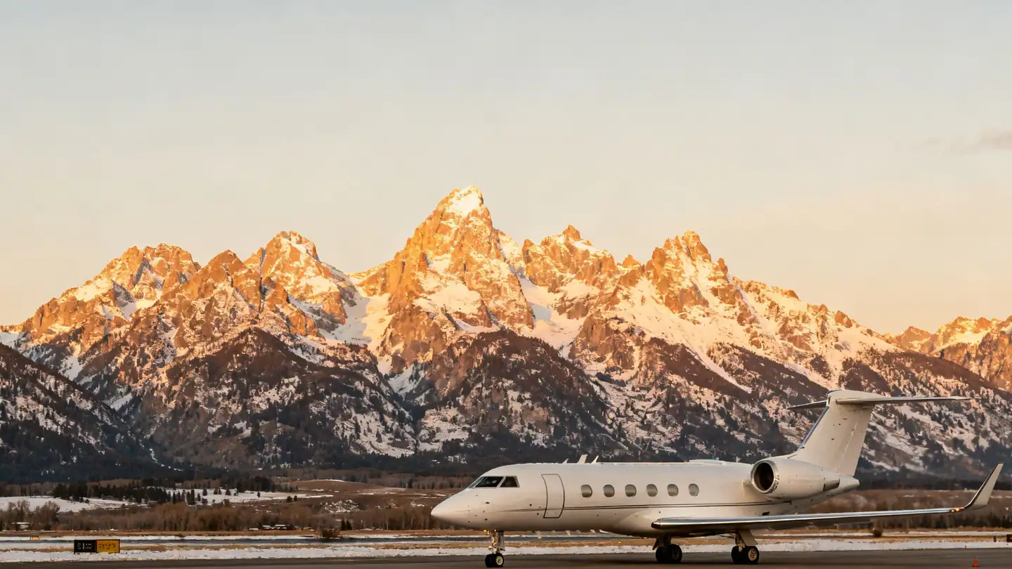 The jagged Teton Range rising above the Snake River valley in Jackson Hole in late-afternoon winter light, a white business jet on the ramp in front