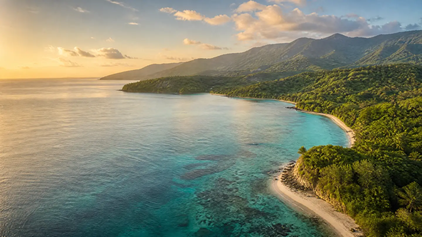 Jamaica's north coast from low altitude: a white-sand bay and reef-blue water below green hills at golden hour