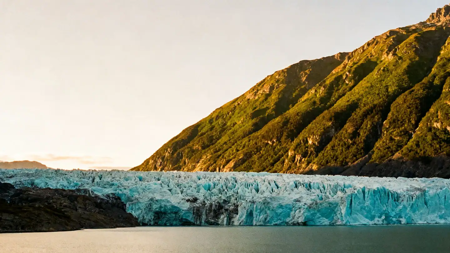 Juneau: a blue glacier flowing into a lake below steep green mountains in golden-hour light