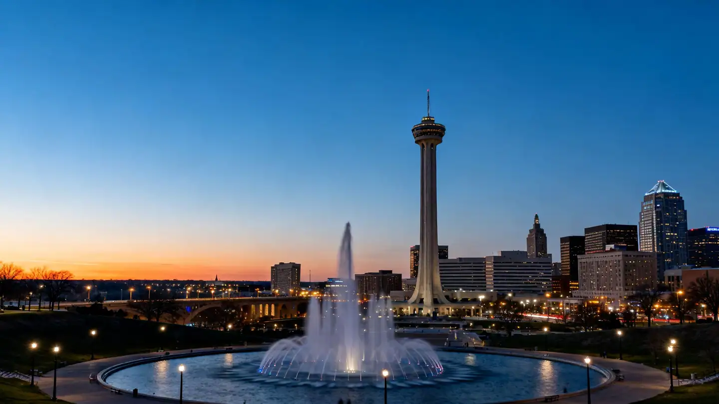 The Kansas City skyline with a tall memorial tower and fountain park in the foreground at dusk