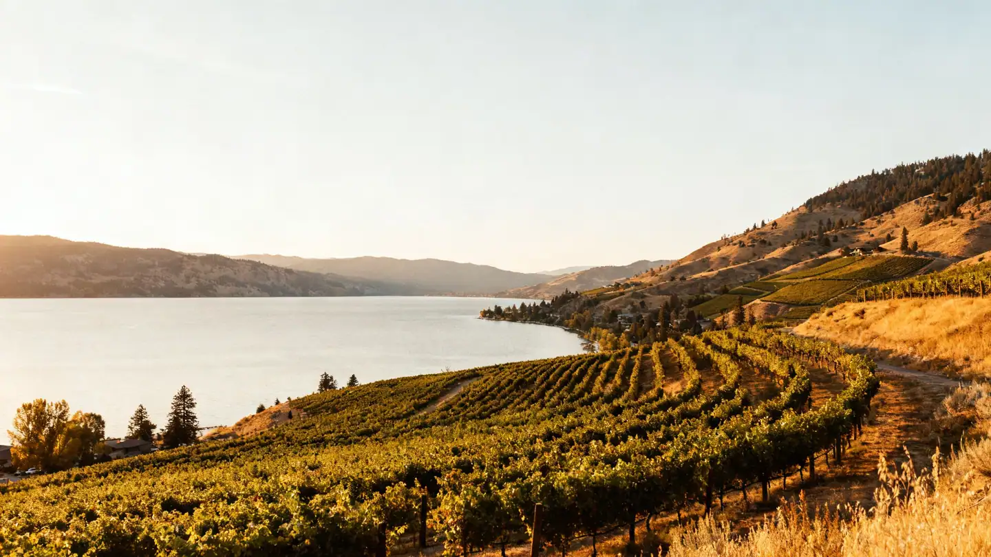 Kelowna: Okanagan Lake with vineyards on the hills in golden-hour light