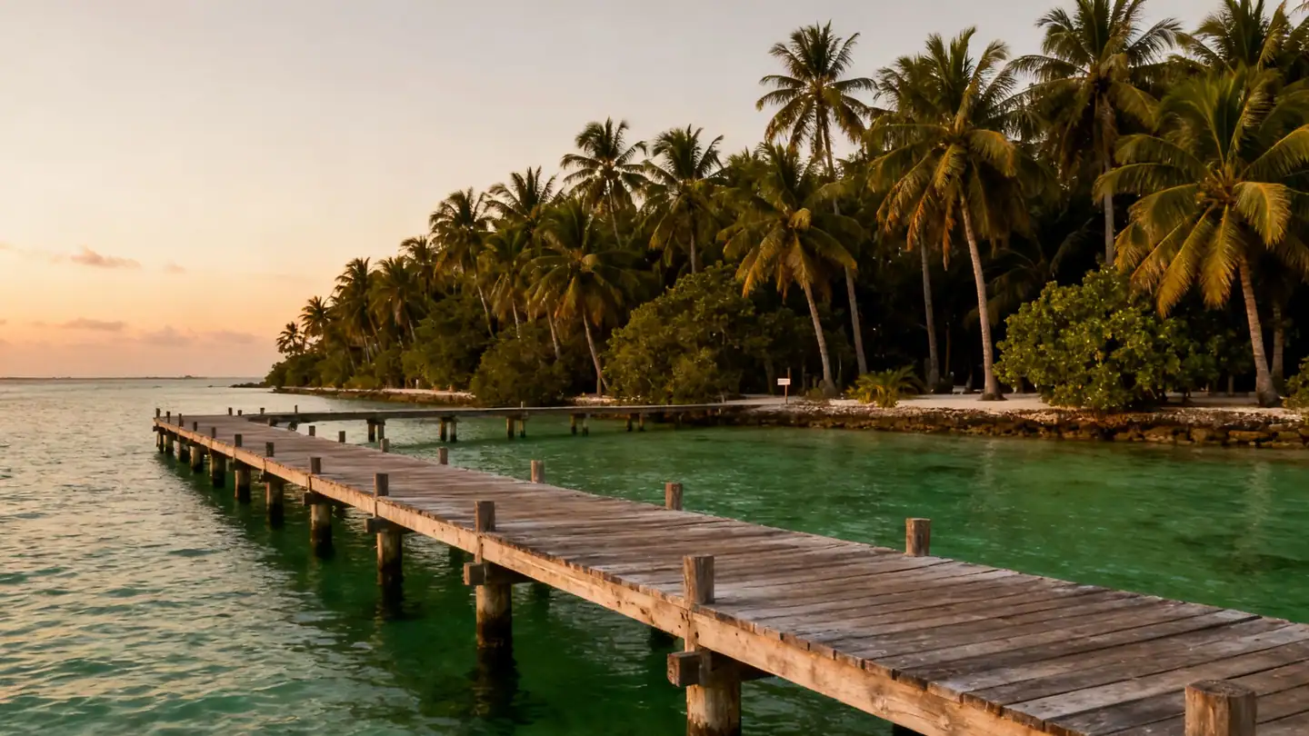 Key West: a wooden dock over clear green water with palm trees at sunset