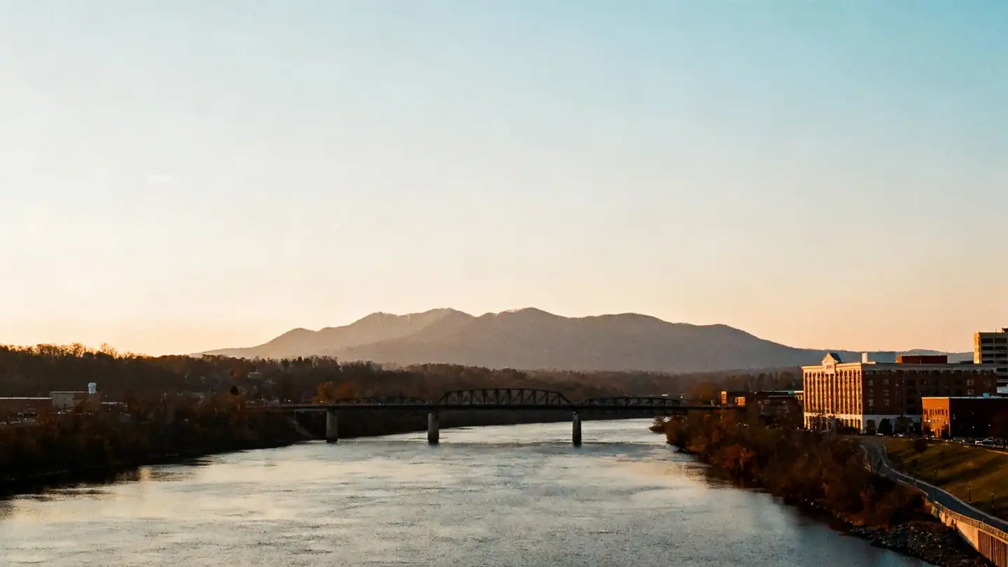 Knoxville: the Tennessee River with the Great Smoky Mountains on the horizon at sunset