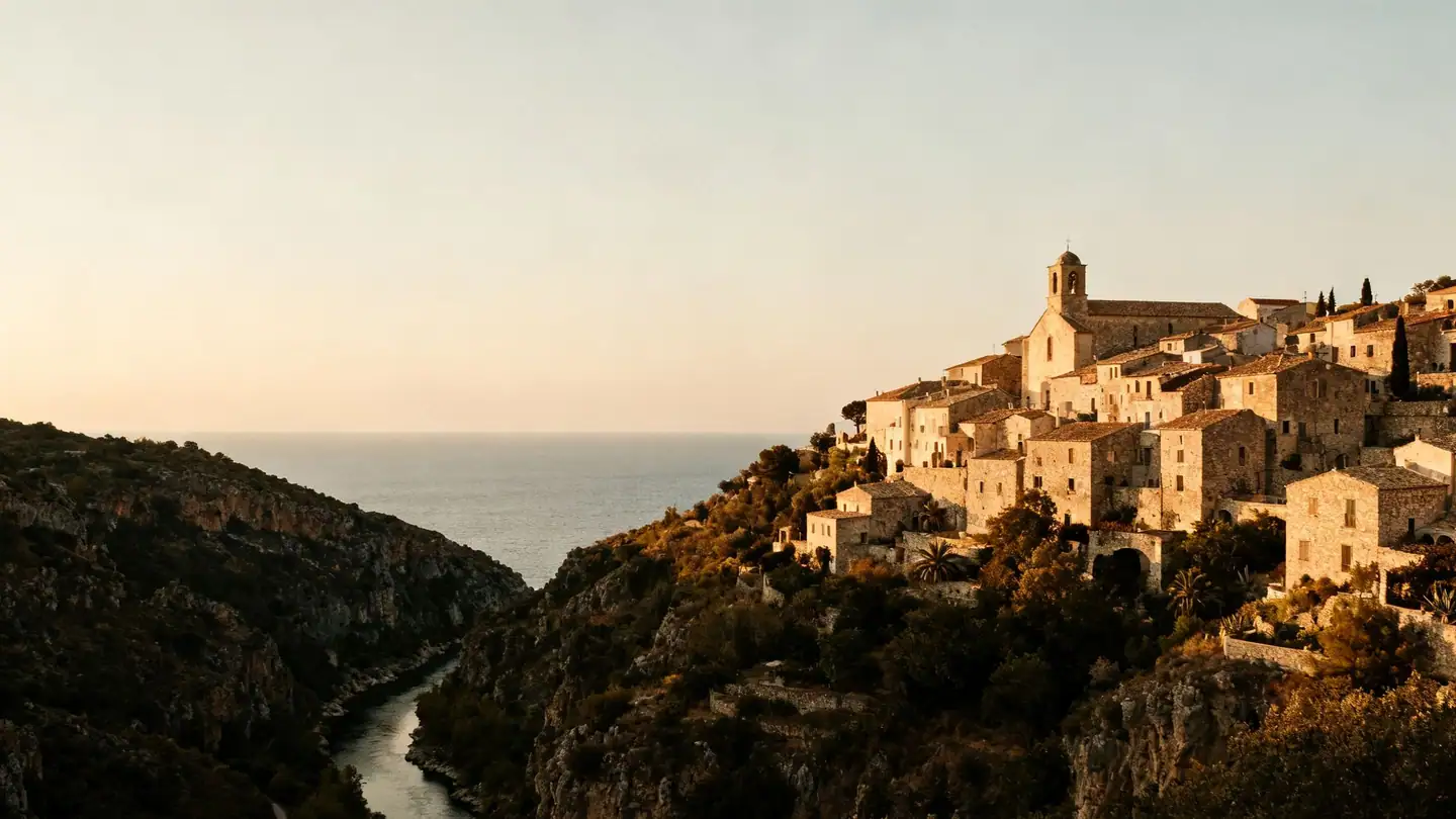 La Romana, Dominican Republic: a Mediterranean-style stone village above a river gorge and the sea in golden-hour light