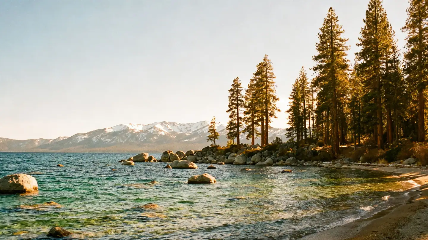 Lake Tahoe from a granite shoreline: very clear blue-green water over submerged boulders in golden-hour light