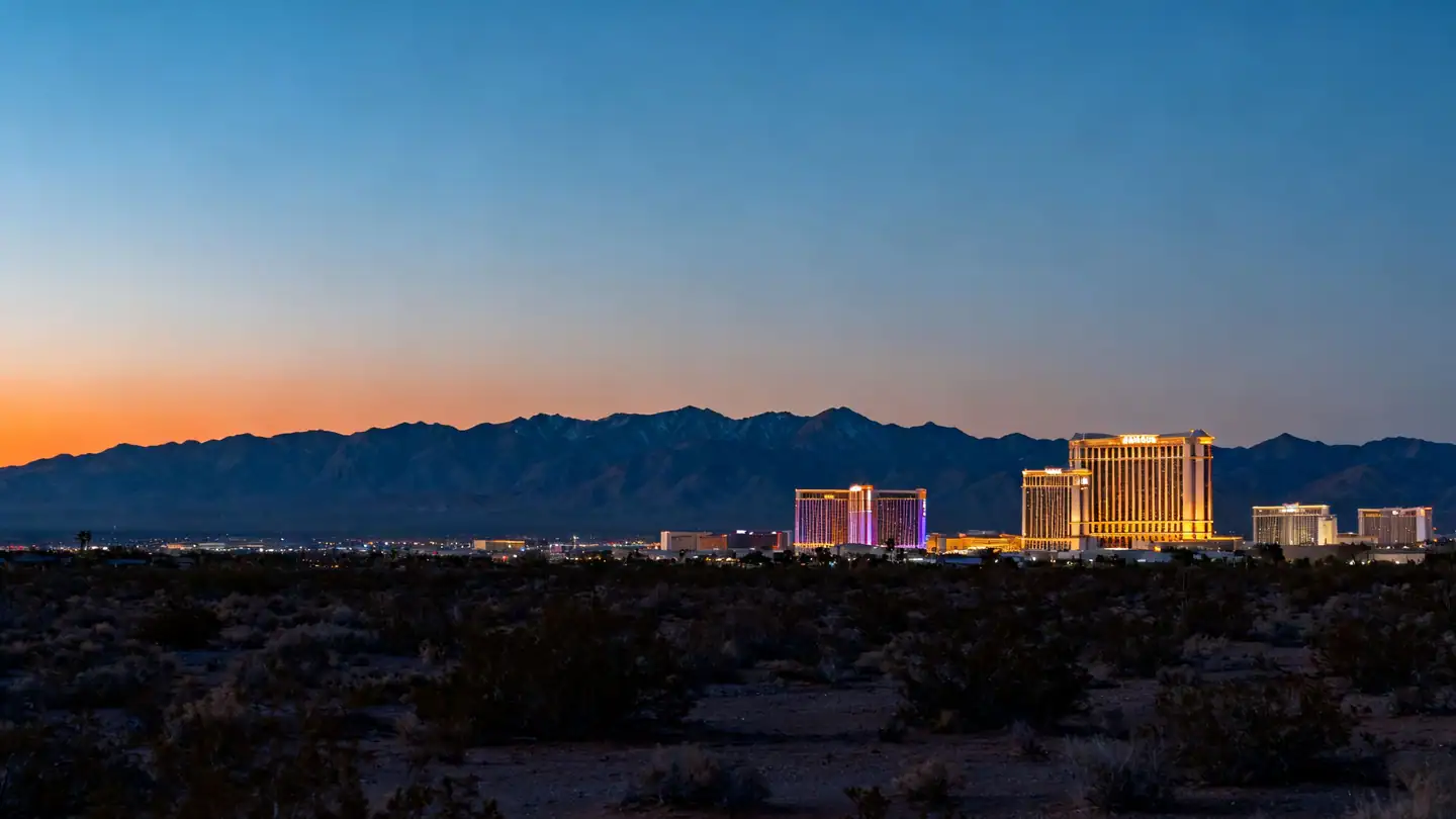 The Las Vegas Strip seen from the desert edge at dusk