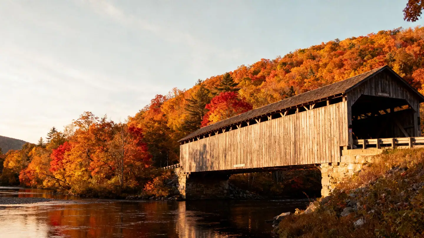 The Upper Valley of New Hampshire and Vermont: a covered bridge over a river in autumn in golden-hour light