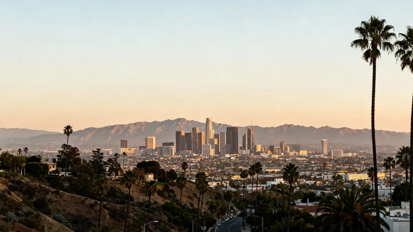 Downtown Los Angeles skyline with the San Gabriel Mountains behind at sunset