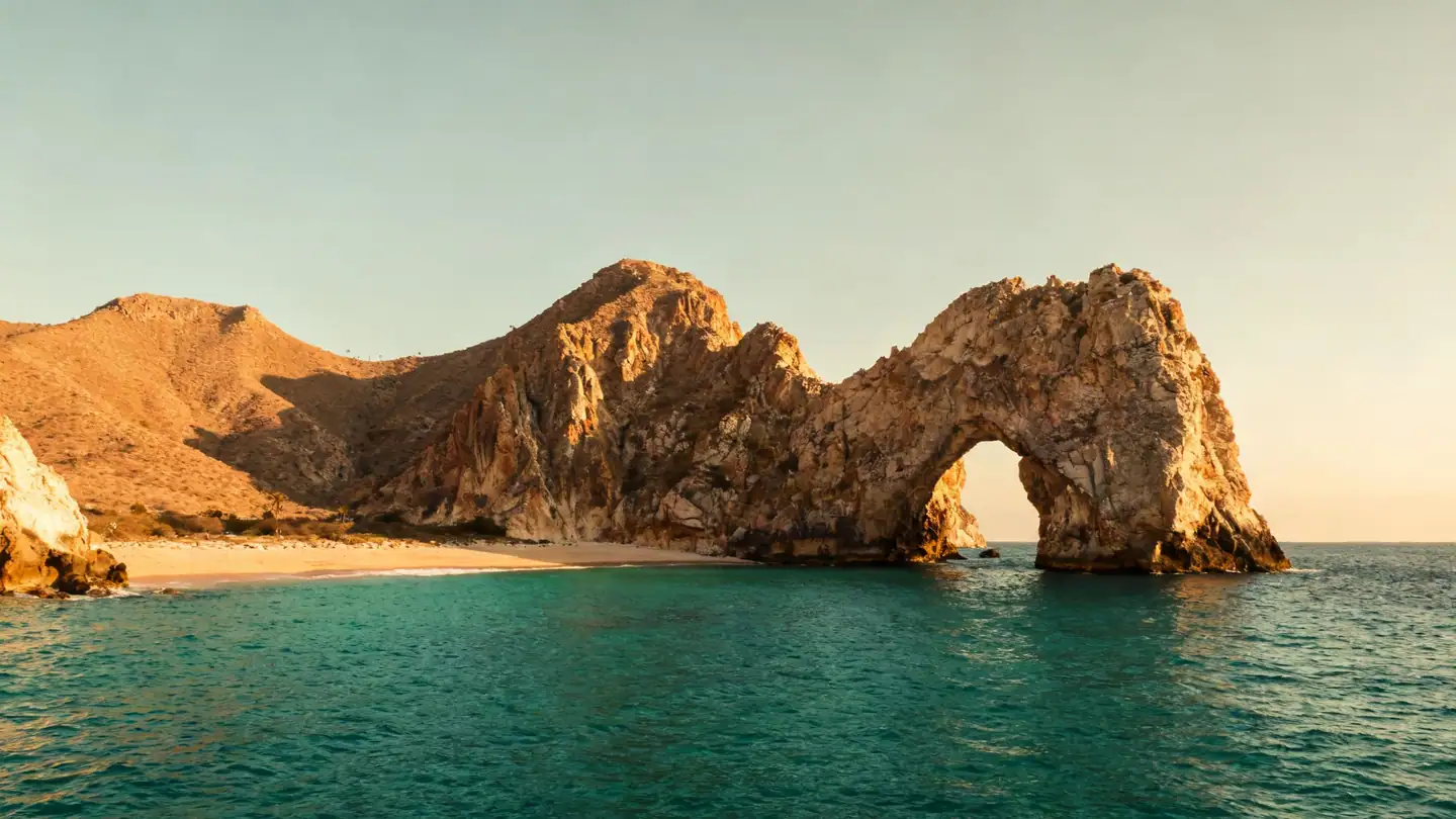 The granite sea arch at Land's End in Cabo San Lucas in golden-hour light
