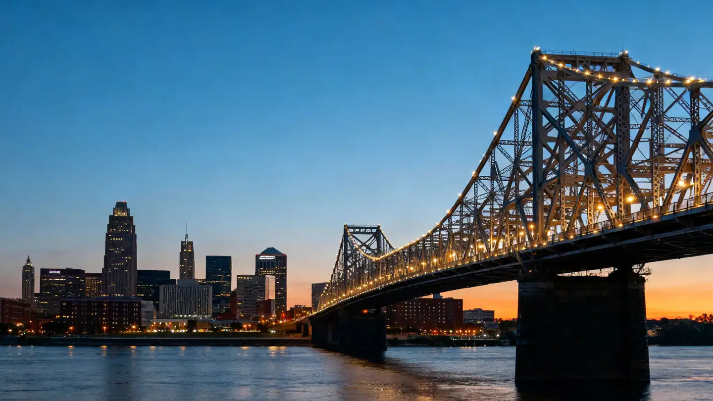 The Louisville skyline above the Ohio River with a lit truss bridge at dusk