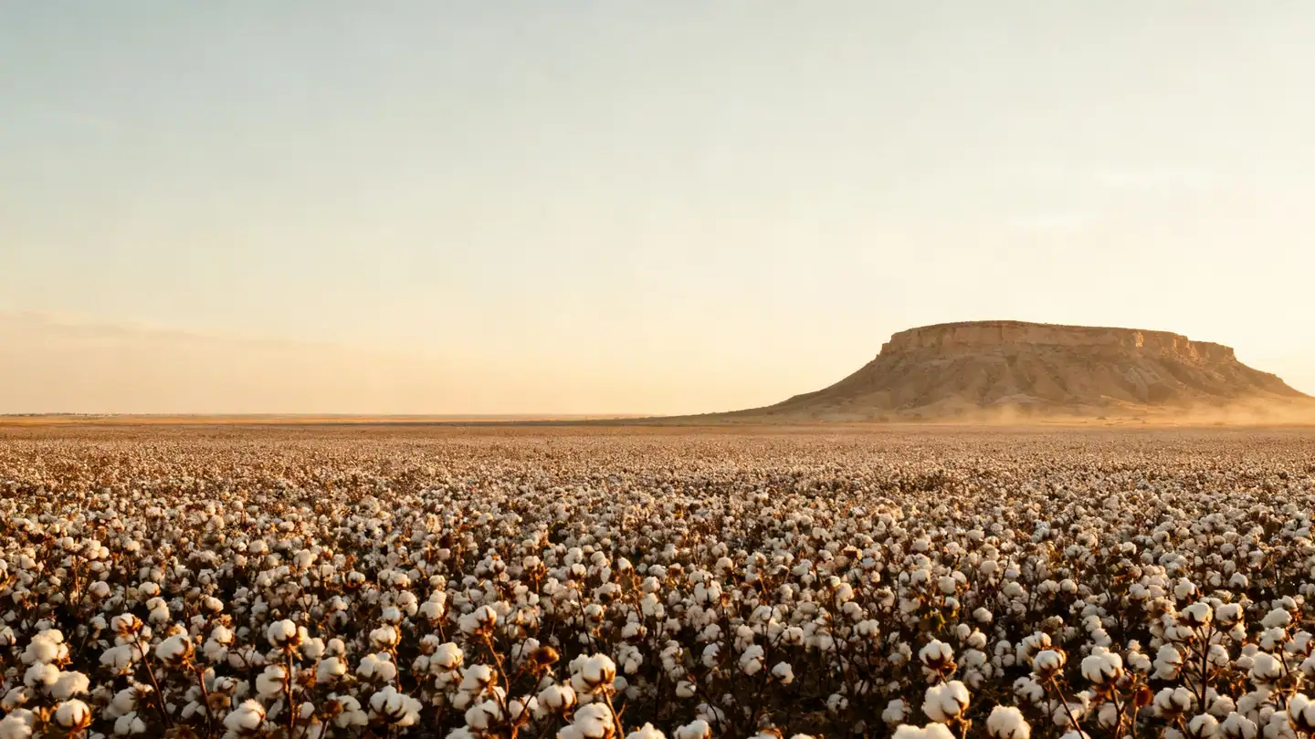 The Llano Estacado near Lubbock: flat cotton fields and a huge West Texas sky in golden-hour light