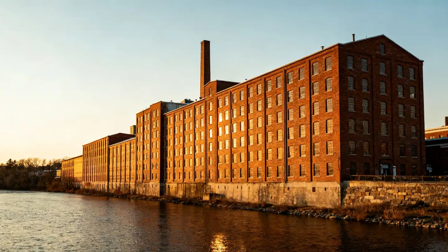 Manchester, New Hampshire: long brick mill buildings along the Merrimack River in golden-hour light