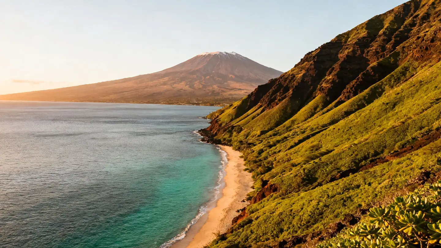 Maui coastline: green volcanic slopes dropping to a sandy beach and turquoise water in golden-hour light