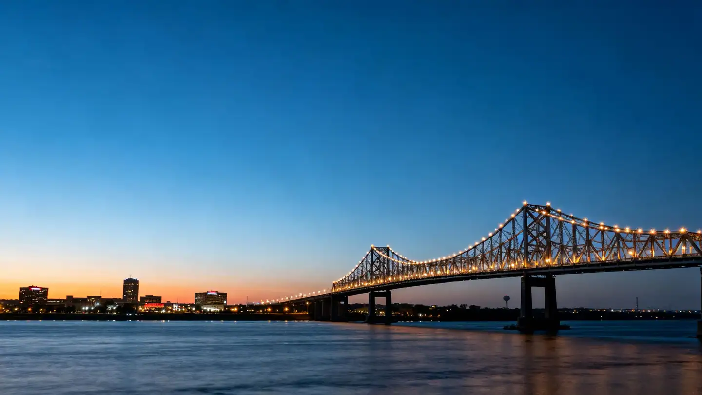 Memphis: the Mississippi River at dusk with a bridge outlined in lights