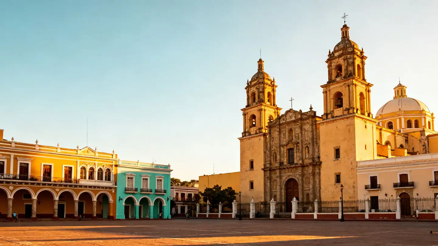 Mérida, Yucatán: pastel colonial buildings and a cathedral on a plaza in golden-hour light