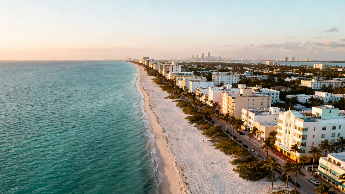 Miami Beach from above the water: turquoise ocean in golden-hour light