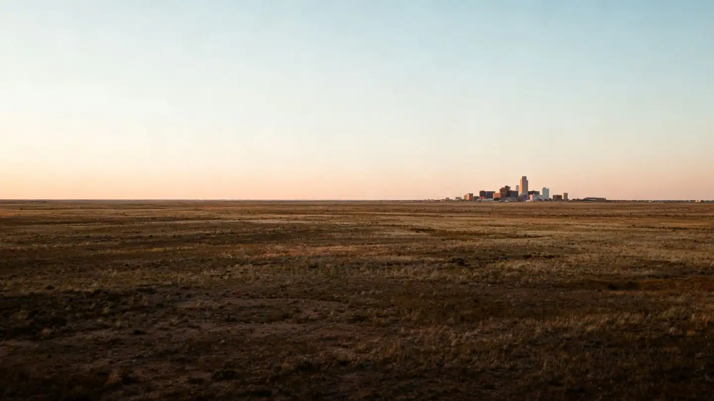 West Texas near Midland: open plains with a distant small skyline at sunset