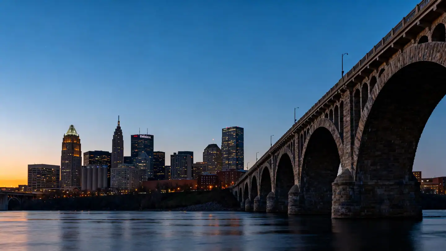 The Minneapolis skyline above the Mississippi River and a historic stone arch bridge at dusk