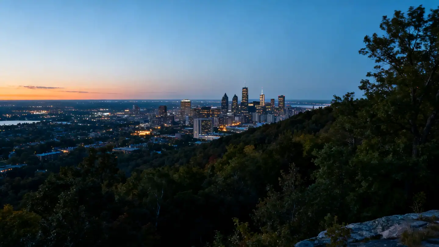 The Montreal skyline from a forested mountain lookout at dusk