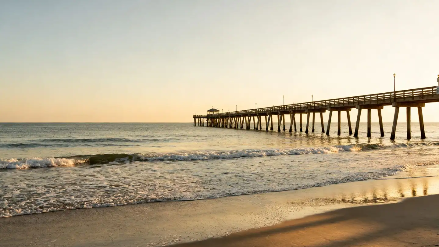 Myrtle Beach: a wide Atlantic beach with a long wooden pier in golden-hour light