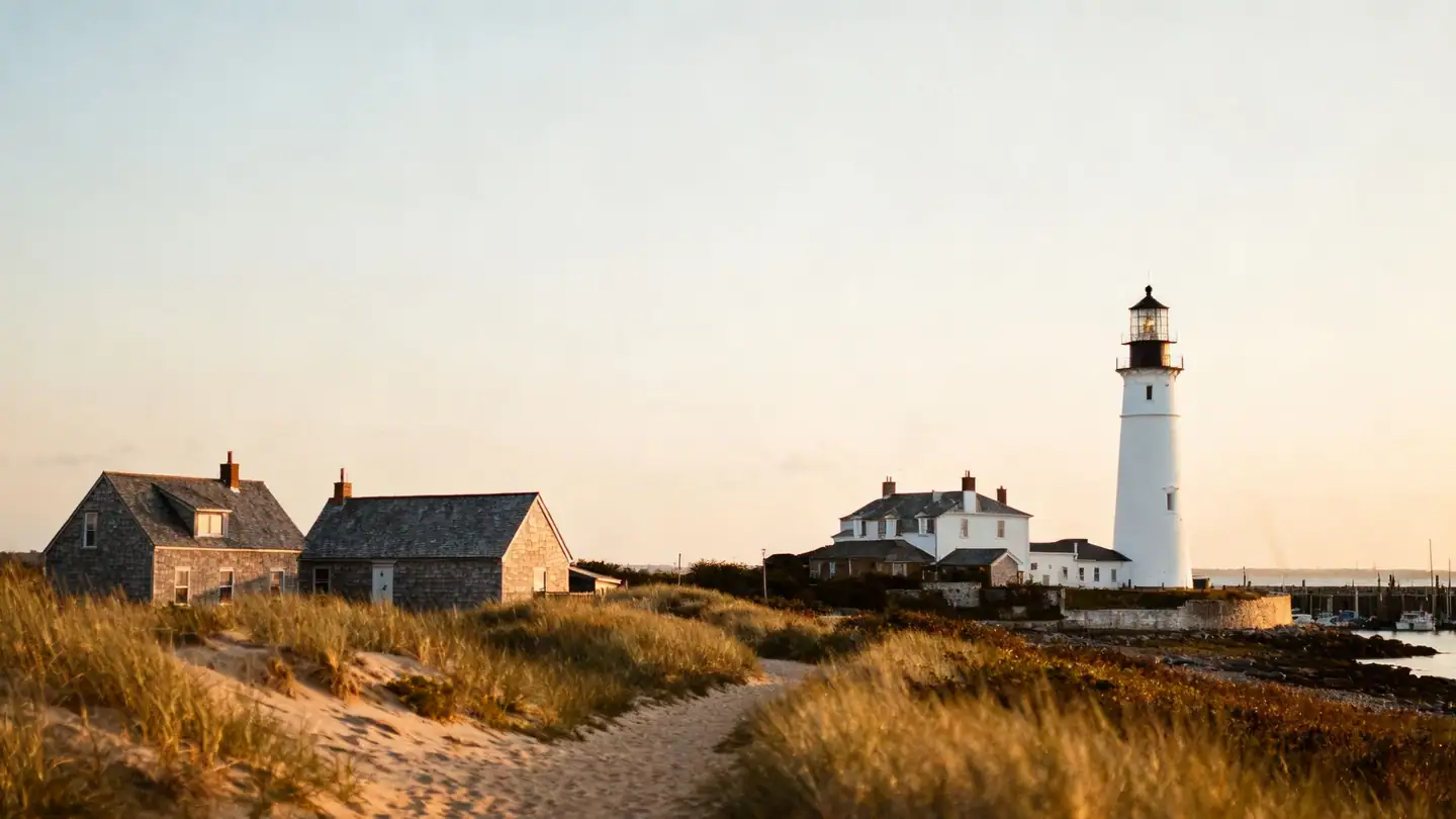 Nantucket: grey-shingled cottages in golden-hour light