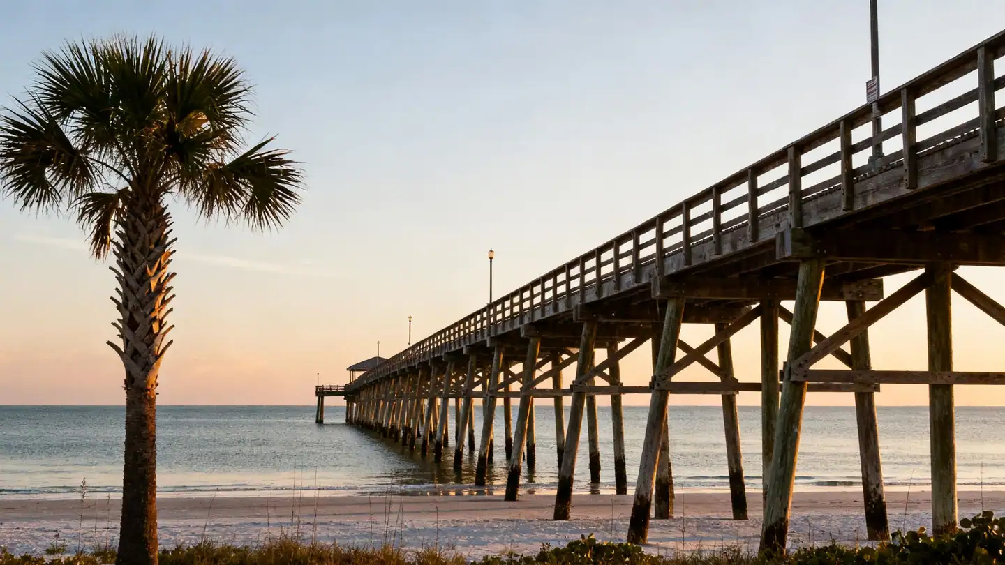 Naples, Florida: a long wooden fishing pier over a calm Gulf beach with palm trees at sunset