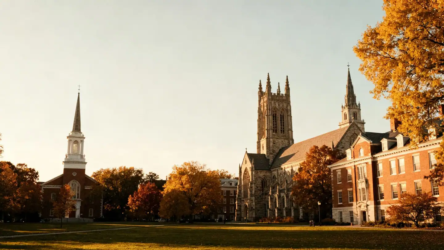 New Haven: a town green with historic churches and Gothic college buildings in autumn in golden-hour light