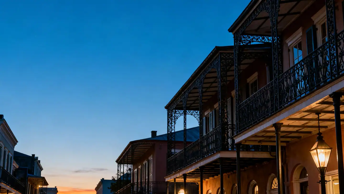 A New Orleans French Quarter street with wrought-iron balconies and gas lamps at dusk