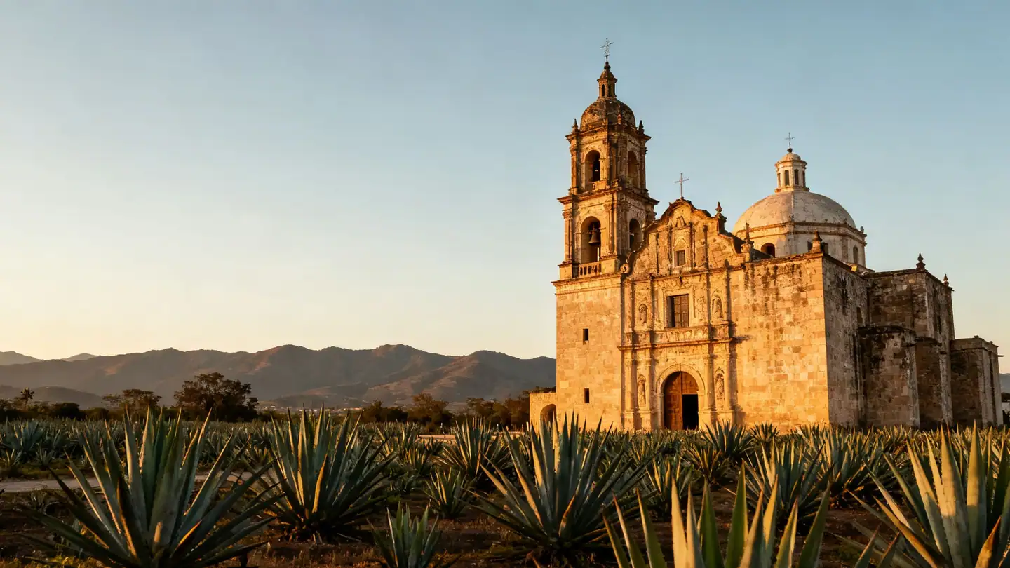 Oaxaca: a baroque stone church with agave fields and mountains in golden-hour light