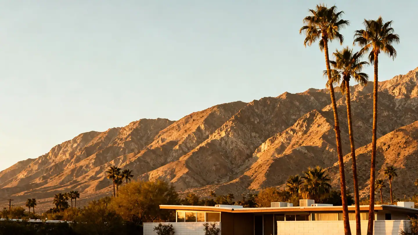 Palm Springs: tall palms and a mid-century modern house in front of the steep San Jacinto Mountains in golden-hour light