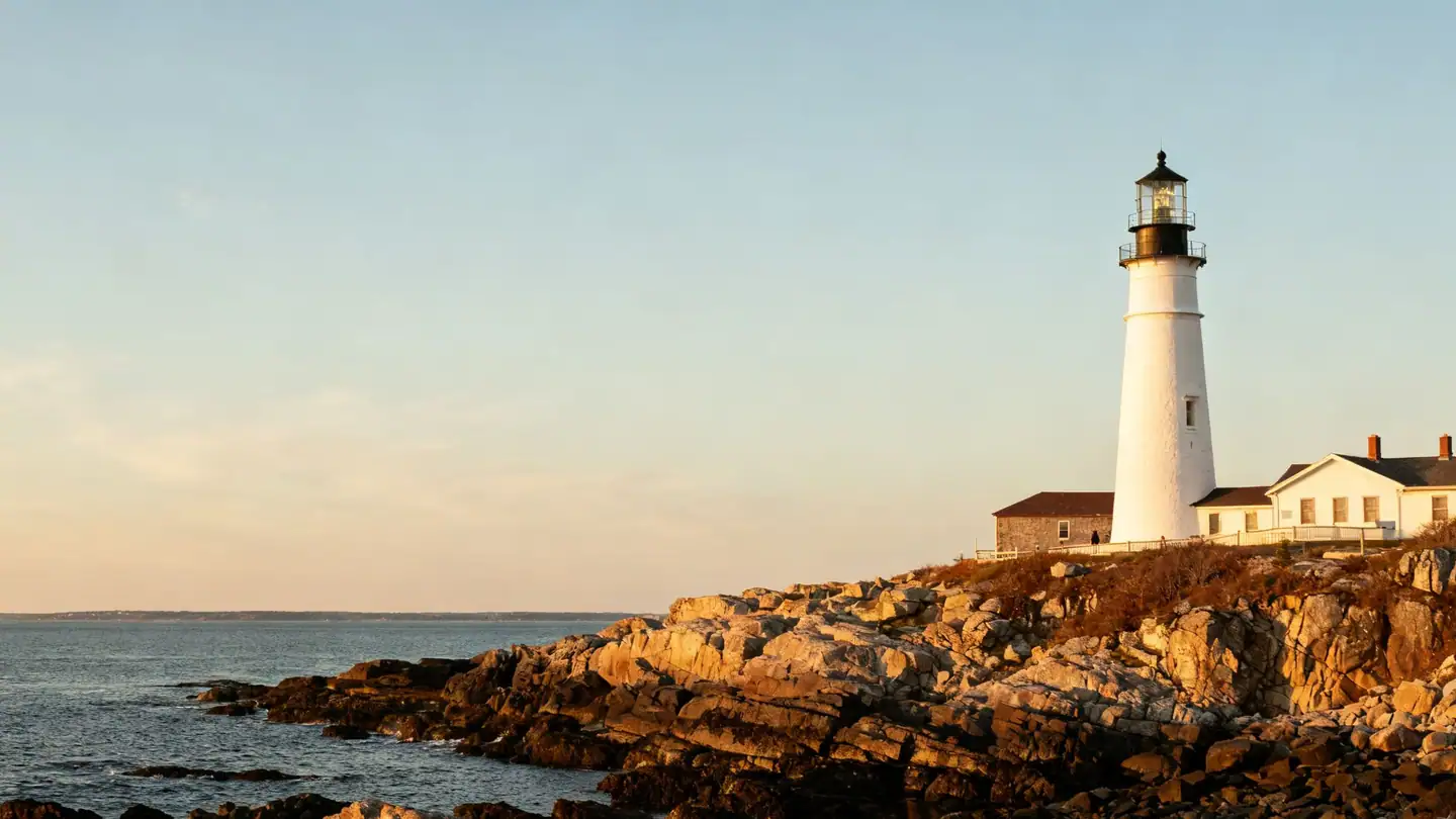 The rocky Maine coast near Portland with a white lighthouse