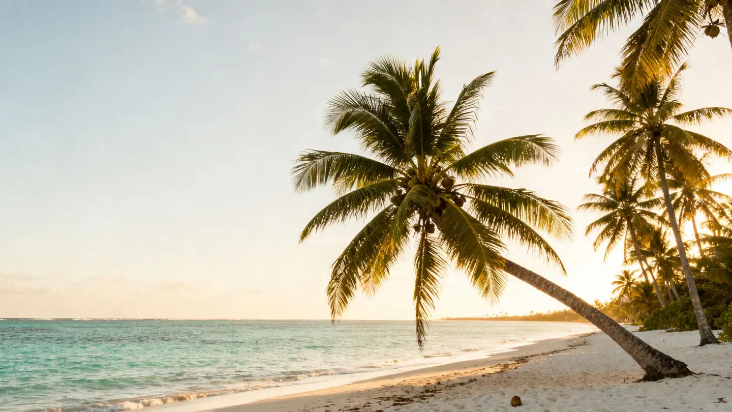 A Punta Cana beach: leaning coconut palms over white sand and clear turquoise water in golden-hour light