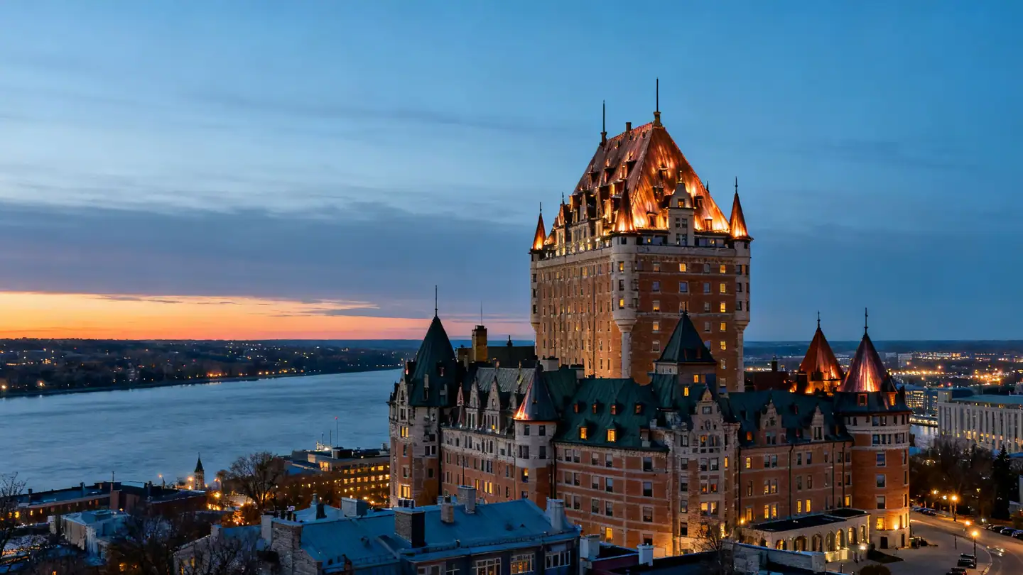 Quebec City: a castle-like grand hotel with copper roofs above the St. Lawrence River at dusk