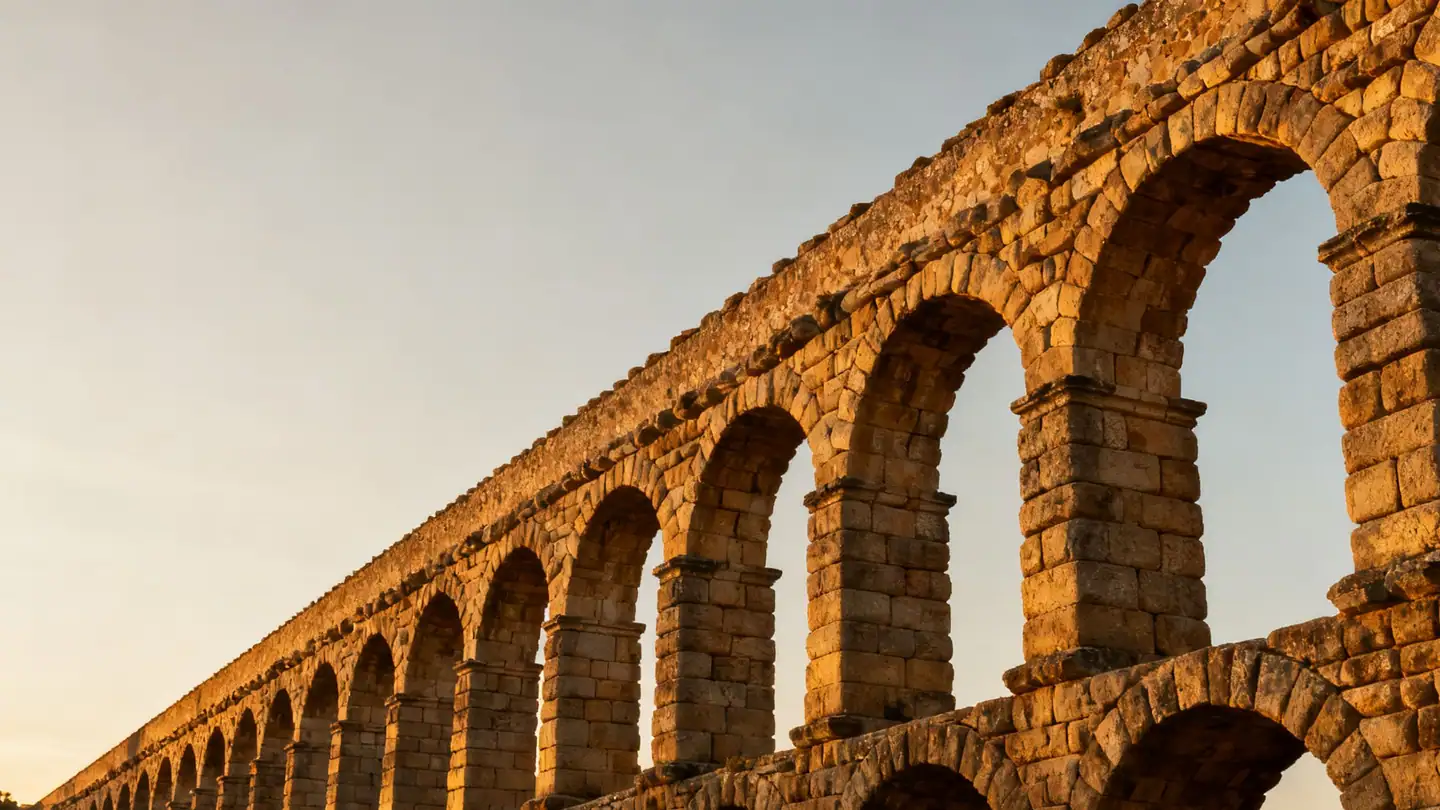 Querétaro: a long stone colonial aqueduct with arches in golden-hour light