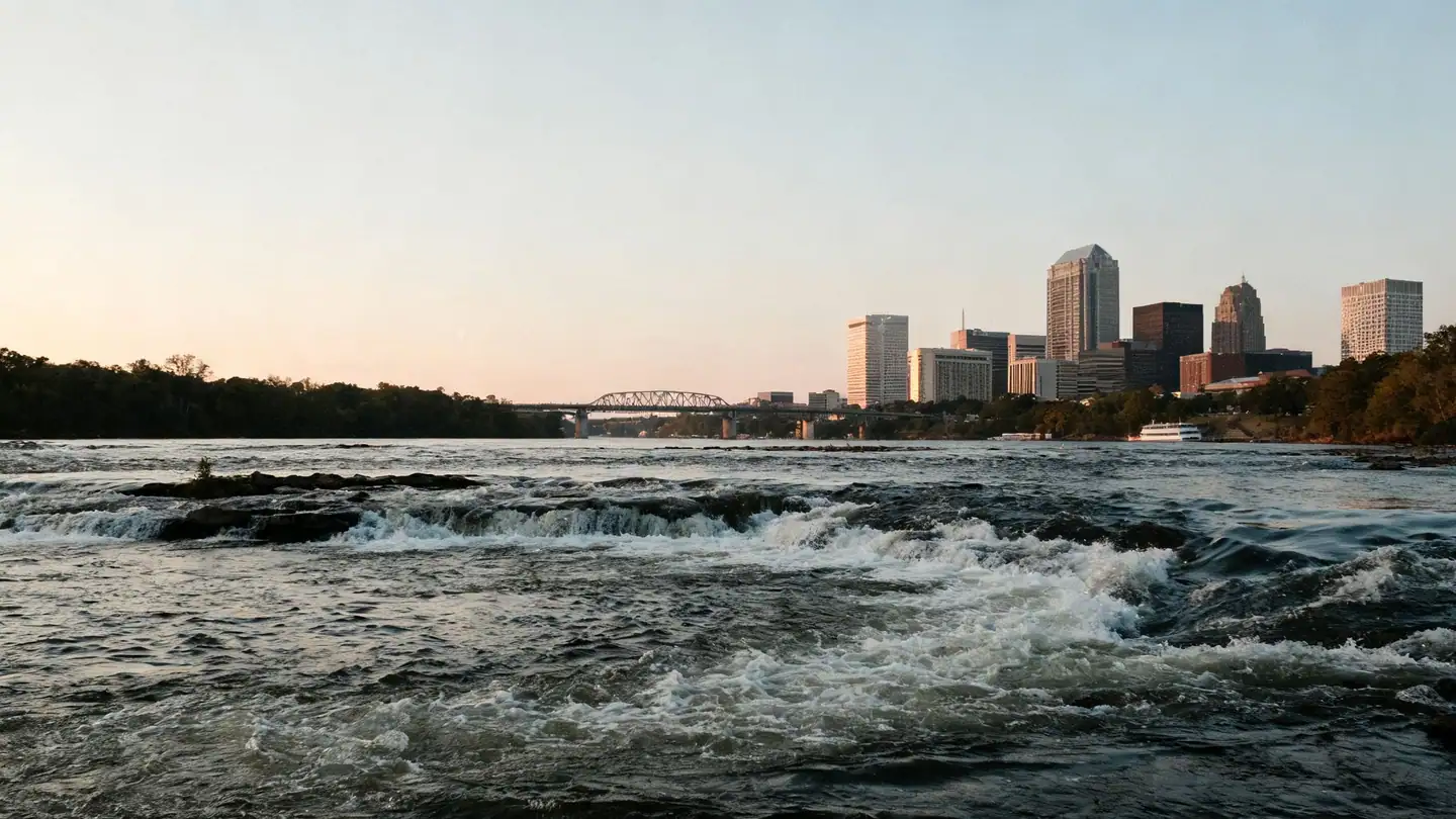 Richmond, Virginia: the James River rapids with the downtown skyline at sunset