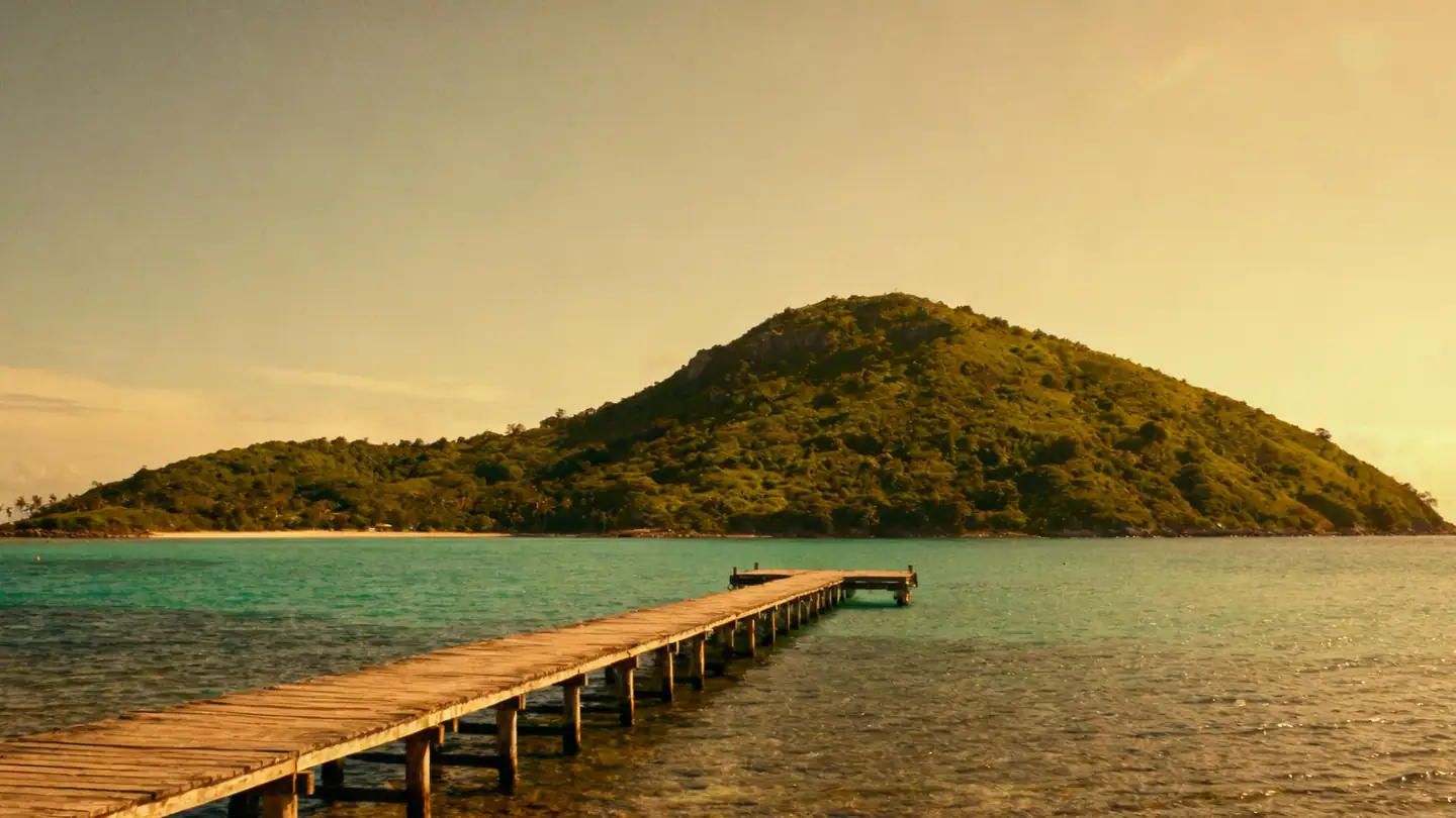 Roatán, Honduras: a green hilly island with a turquoise bay and a long wooden dock in golden-hour light