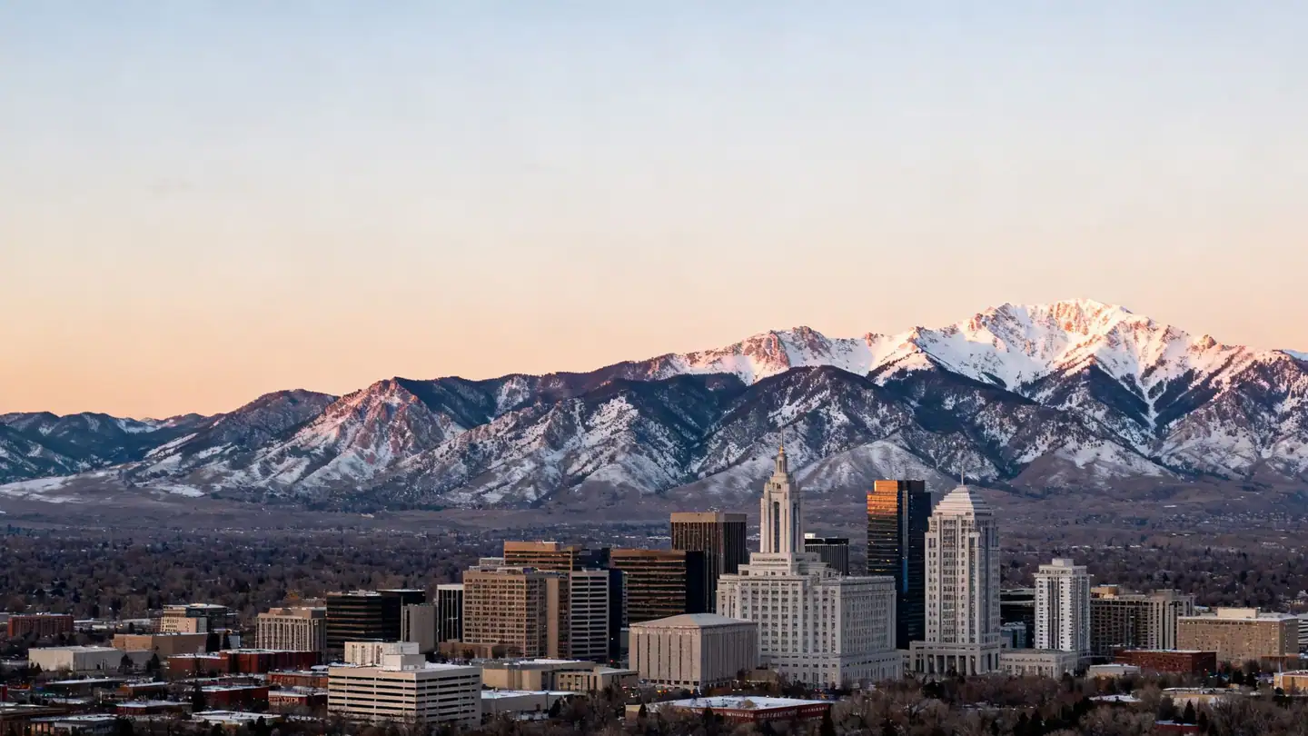 Salt Lake City with the snow-capped Wasatch Range behind the city at sunset