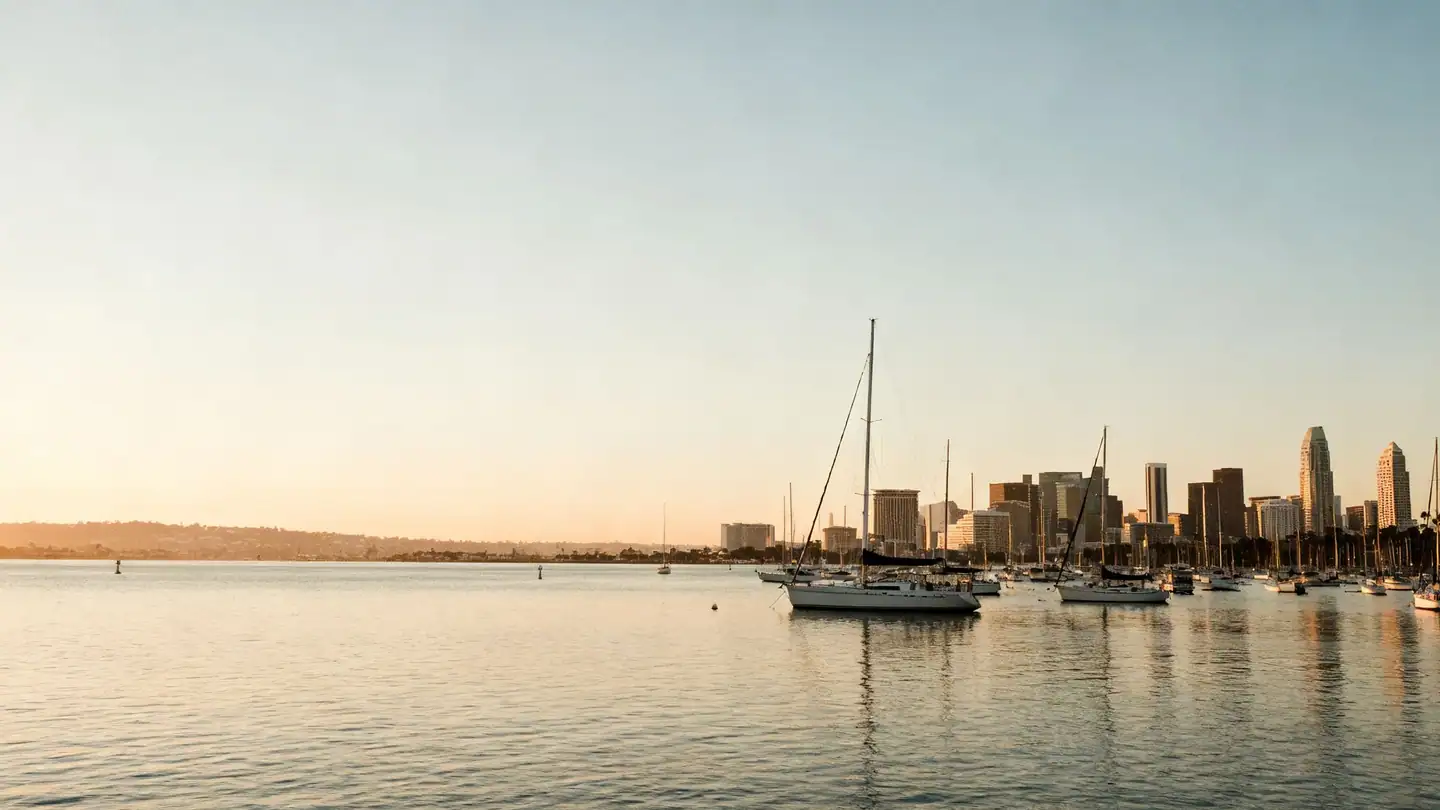 San Diego Bay with the downtown skyline at sunset