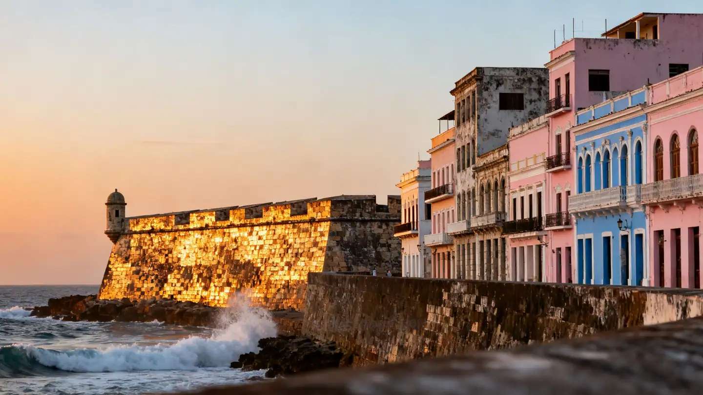 Old San Juan, Puerto Rico: pastel colonial buildings and a Spanish stone fortress wall above the Atlantic surf in golden-hour light