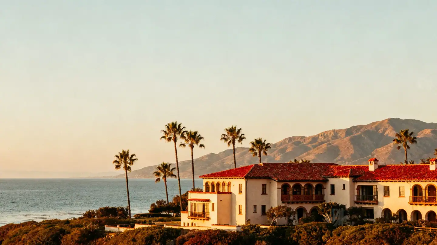 Santa Barbara: red-tile-roof Spanish-style buildings in golden-hour light