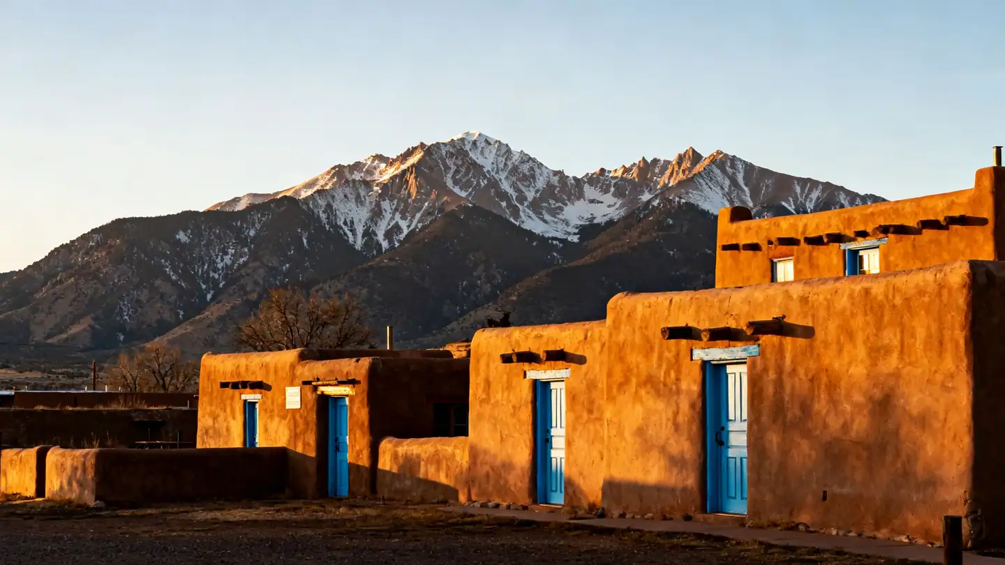 Santa Fe: adobe buildings with blue doors and the Sangre de Cristo Mountains in golden-hour light