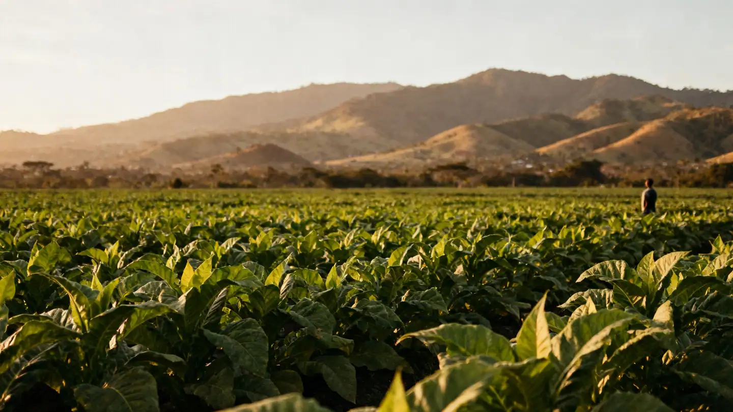 The Cibao Valley near Santiago, Dominican Republic: green tobacco fields and mountains in golden-hour light