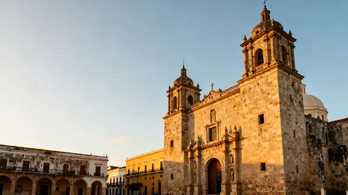 Santo Domingo's colonial zone: a stone Spanish cathedral and old plaza in golden-hour light