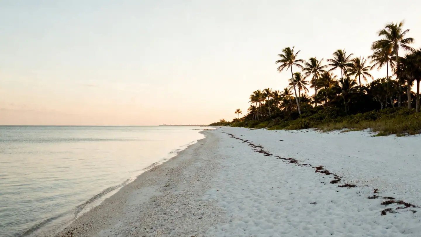 Sarasota: a very white quartz-sand beach on the Gulf with calm water at sunset