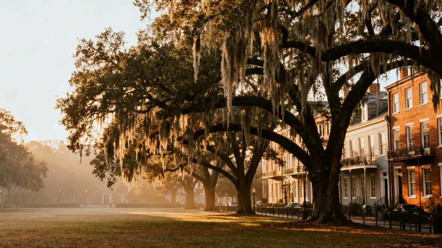 Savannah: a historic square with live oaks dripping Spanish moss and brick townhouses in golden-hour light