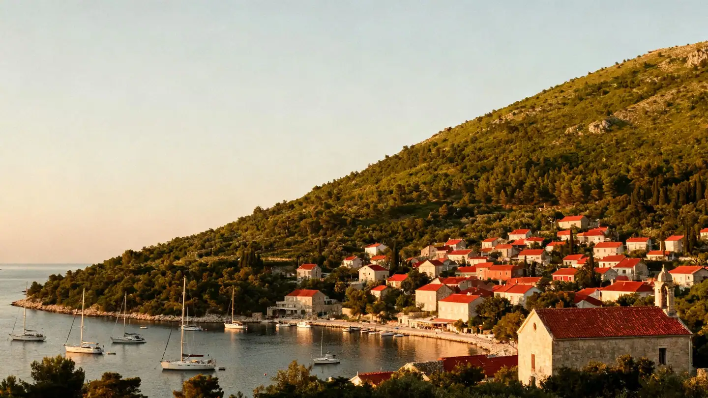 St Barths: a small red-roofed harbor town on green hills around a sheltered bay with yachts at anchor in golden-hour light