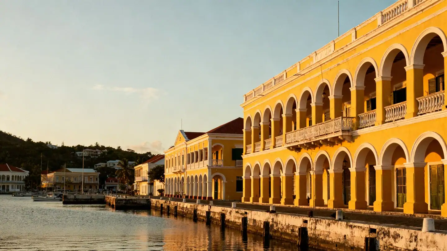 St. Croix: a Danish colonial waterfront town with arcaded yellow buildings and a calm harbor in golden-hour light